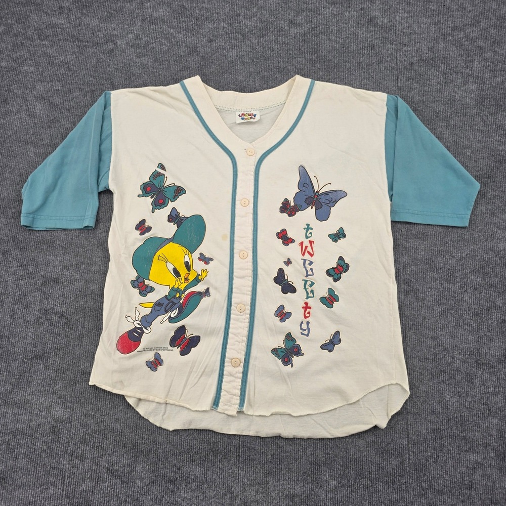 Vintage 1993 Looney Tunes Tweety Bird Baseball Jersey Sun Sportswear Cream Teal
